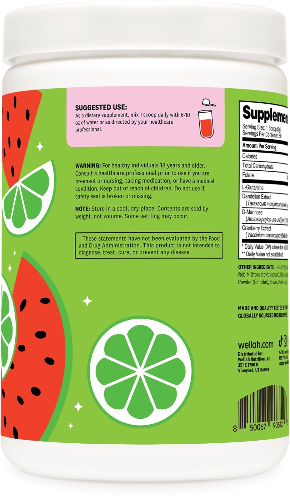 Wellah L-Glutamine Watermelon Lime Powder (50 Servings) – 5g L-Glutamine