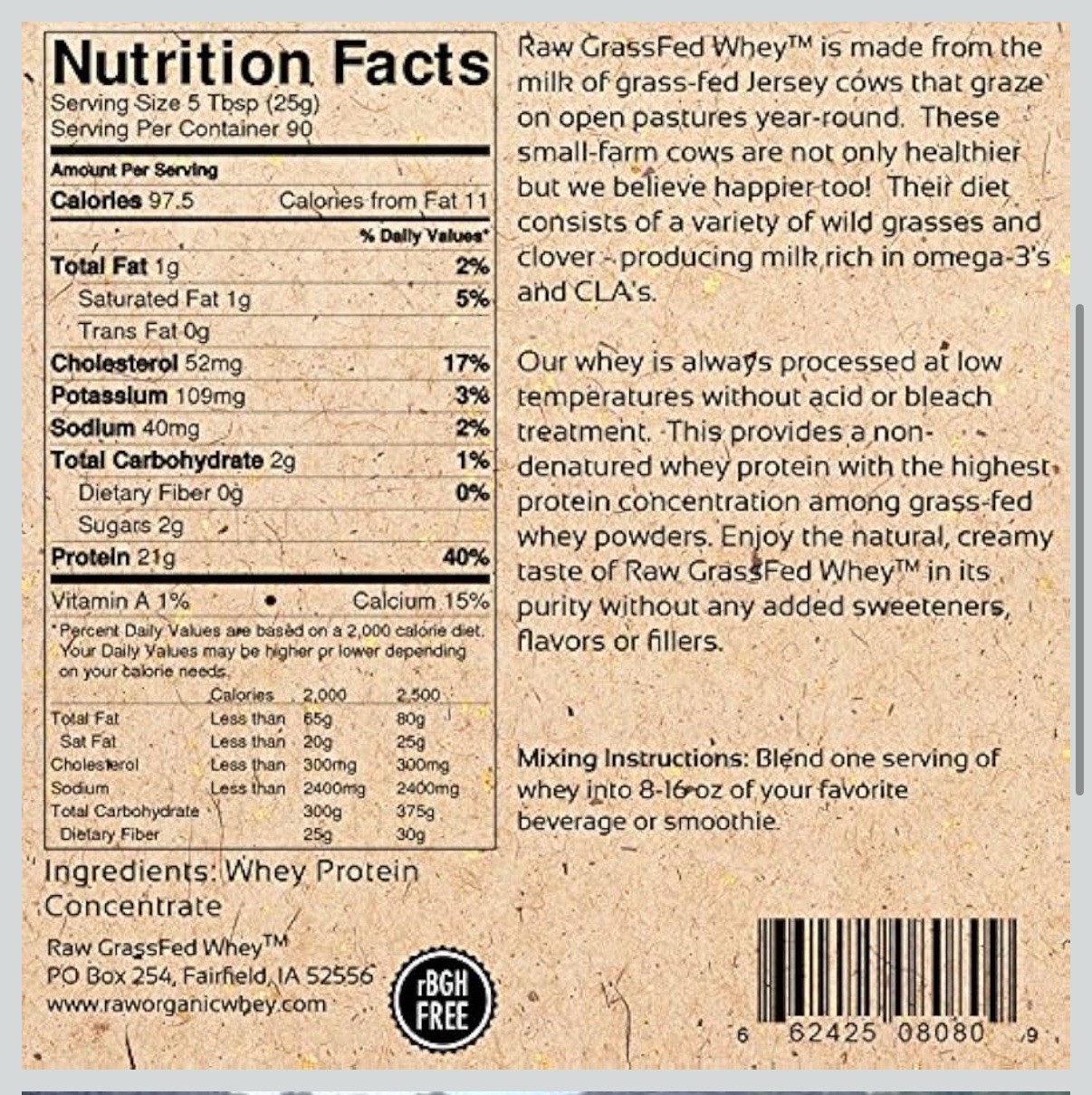 Raw Grass Fed Whey Unflavored Protein Powder – No Additives, Undenatured, 5 lbs