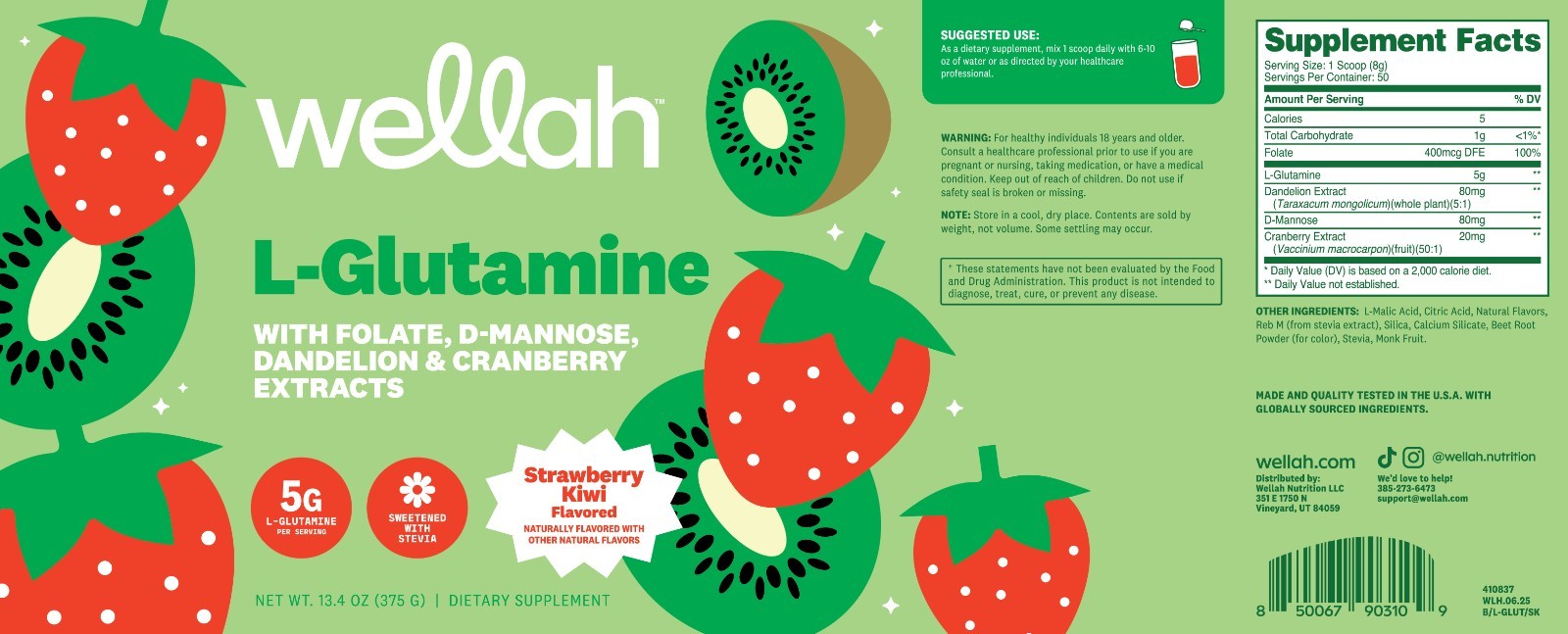 Wellah L-Glutamine Strawberry Kiwi Powder (50 Servings) – 5g L-Glutamine