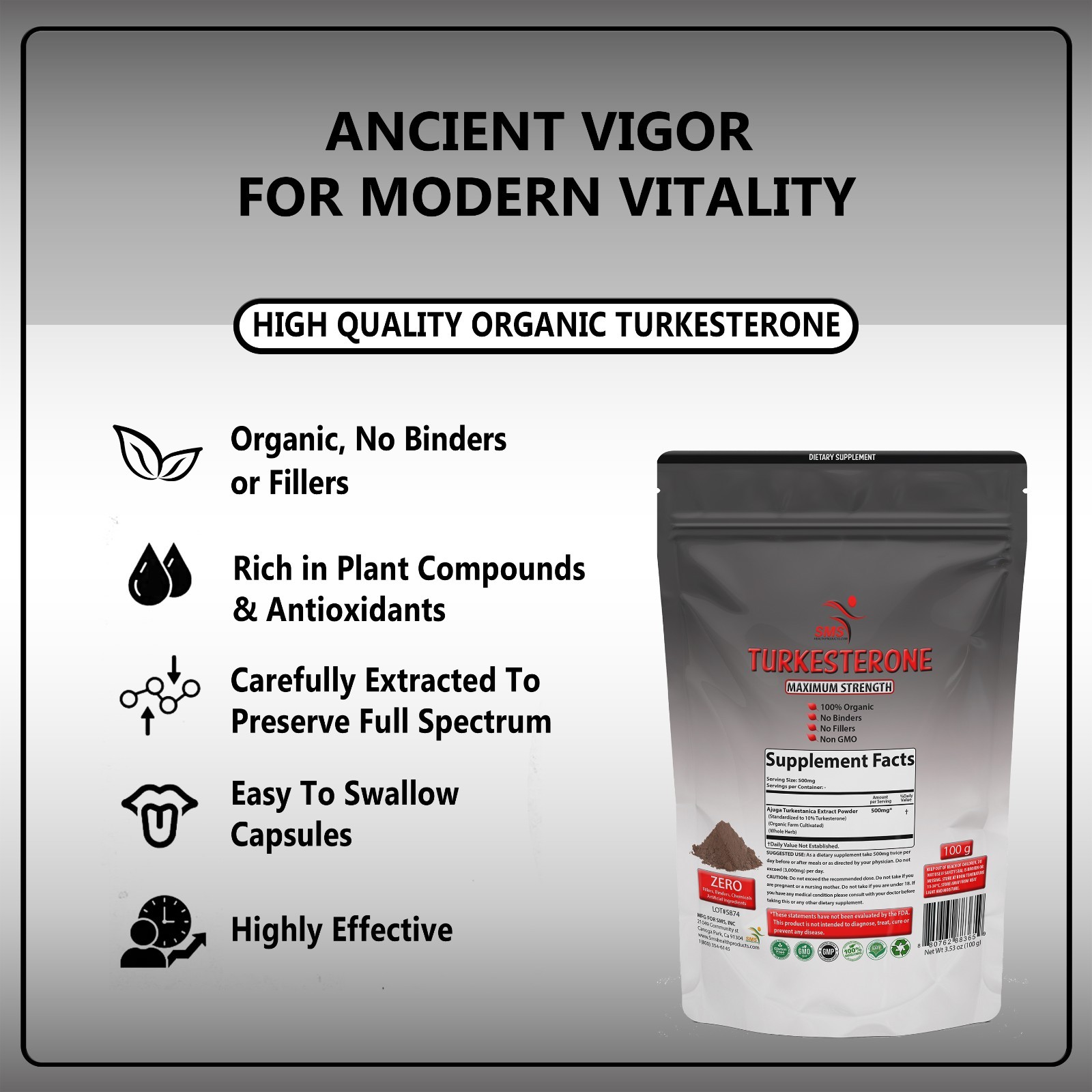 TURKESTERONE Extract Powder Ajuga Turkestanica Standardized to 10% 100g By SMS