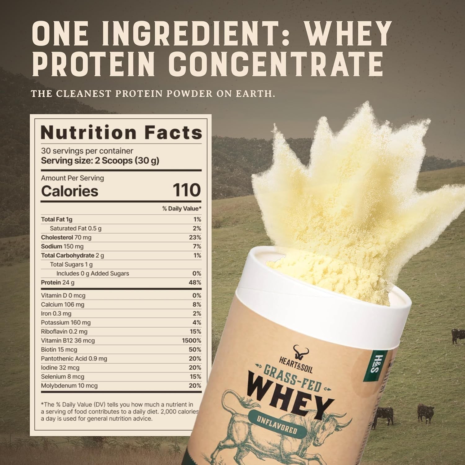 HEART & SOIL 100% Grass Fed Whey Protein Concentrate – UNFLAVORED – 2lbs