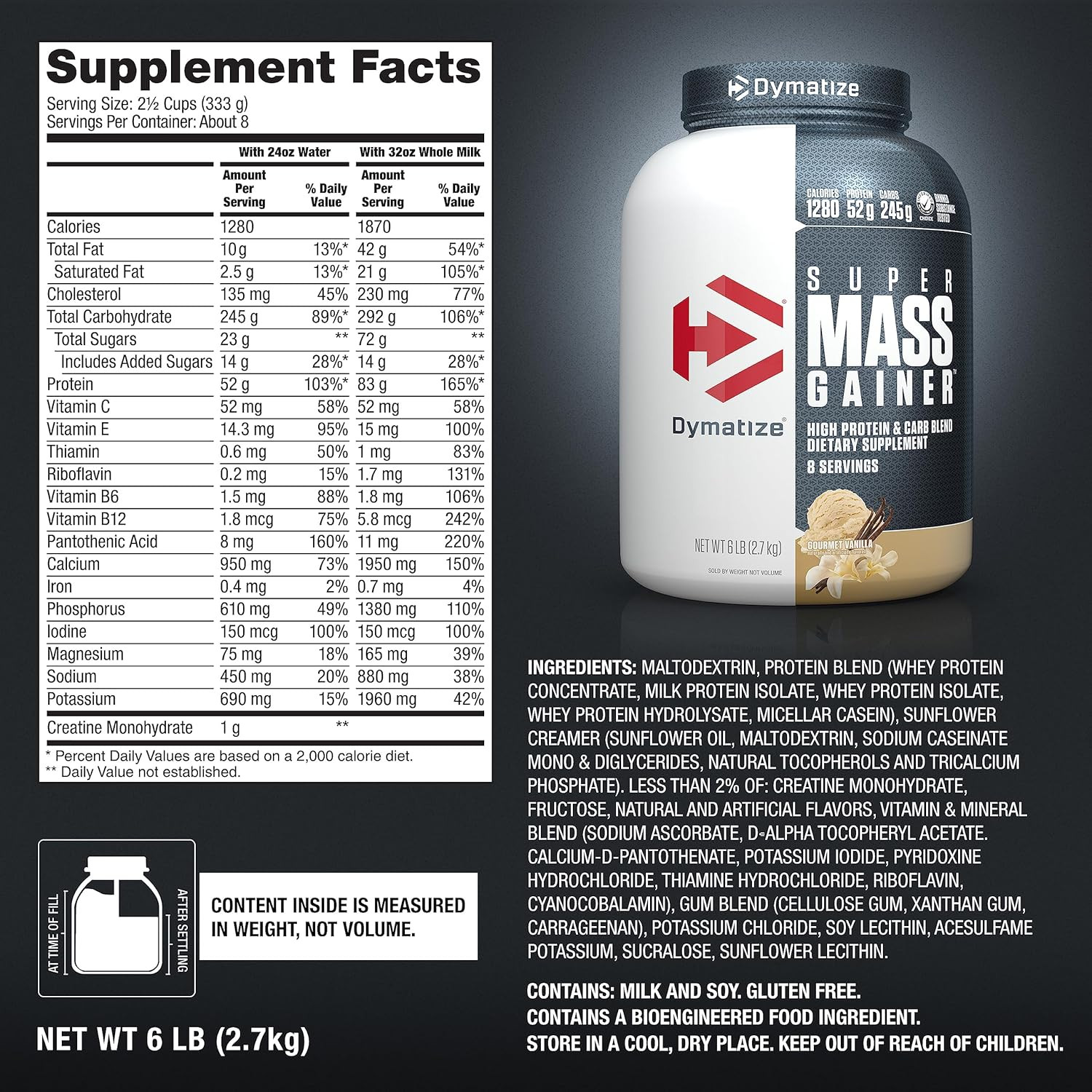 Dymatize Super Mass Gainer Protein Powder, Gourmet Vanilla, 52G Protein, 1G Crea
