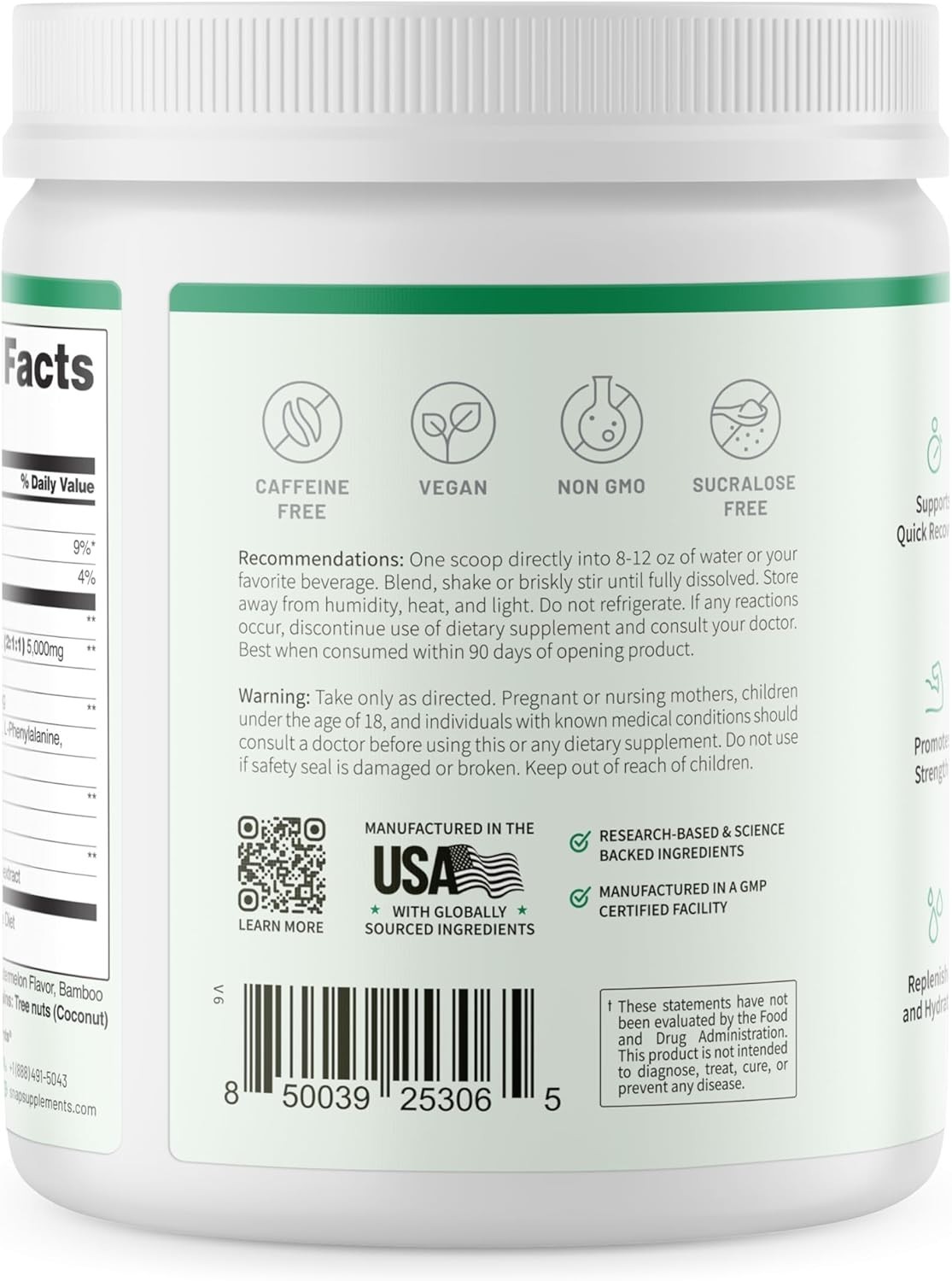 Snap Supplements BCAA Powder – 5g Vegan Branched Chain Amino Acids (2:1:1 Leucin