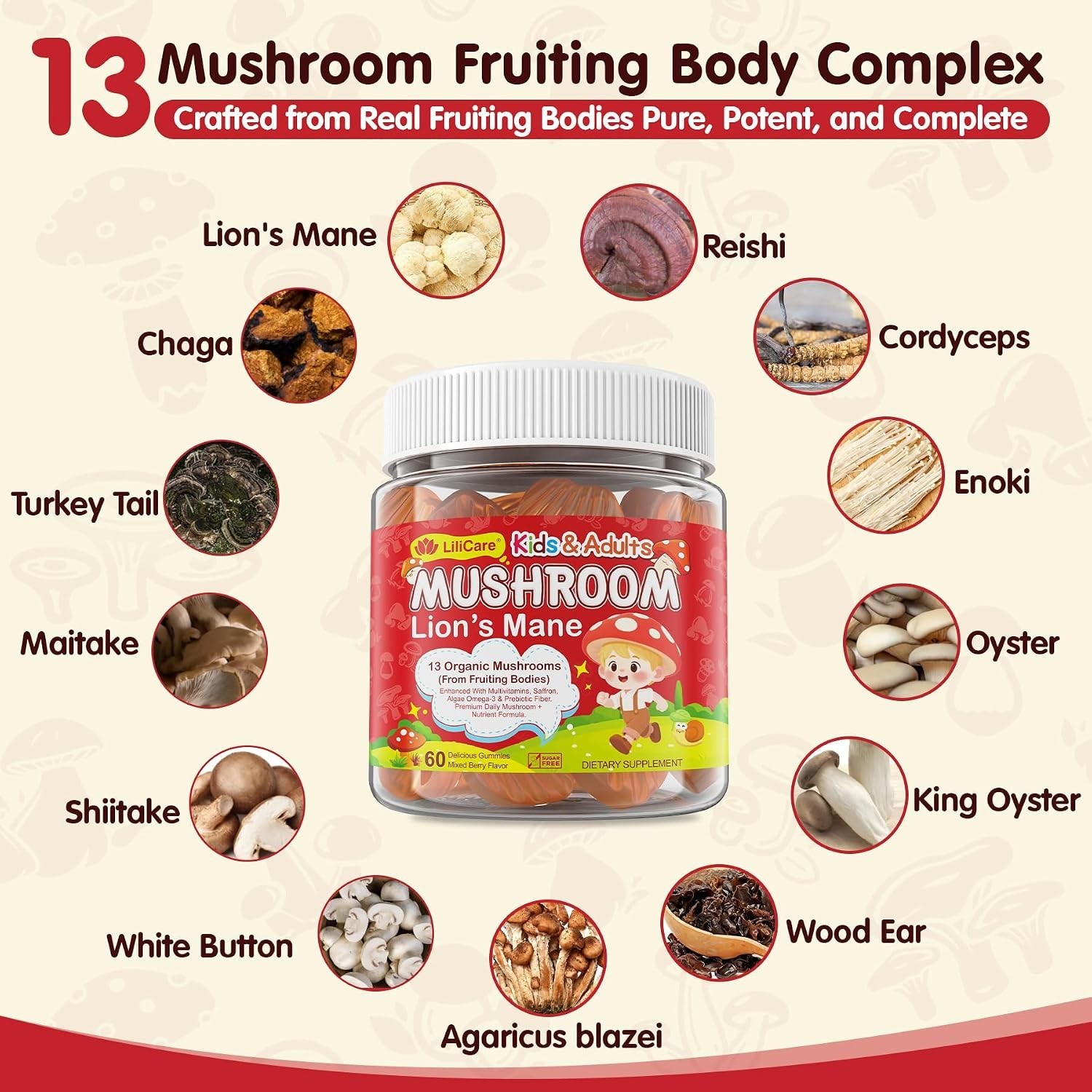 Lions Mane Mushroom Focus Gummies for Kids, Teens & Adults, 24-IN-1 Brain Gummy