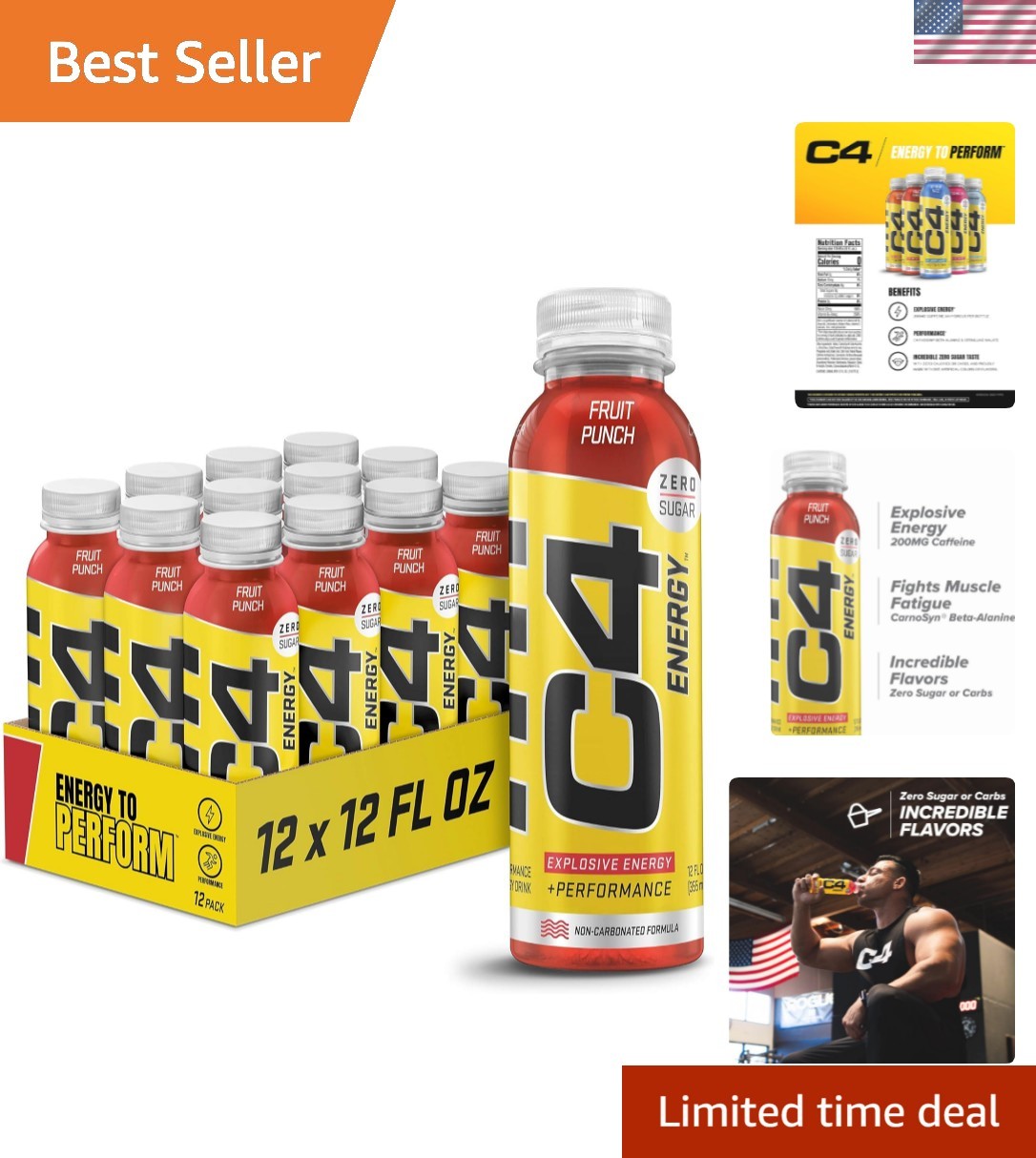 C4 Energy Fruit Punch Drink with Beta-Alanine, Zero Sugar – Perfect for Workouts