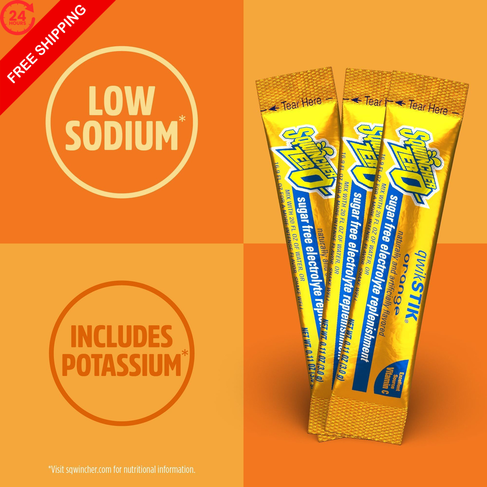 Sqwincher Zero Qwik Stik, Orange, Sugar Free, Low 0.11 Ounce (Pack of 50)
