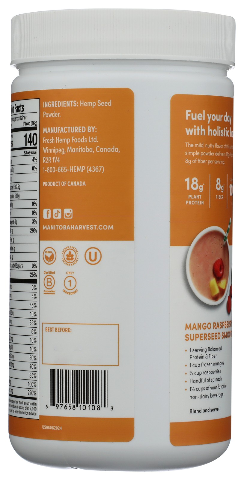Manitoba Harvest Unsweetened Hemp Protein & Fiber Powder 16 Oz 1 Pack