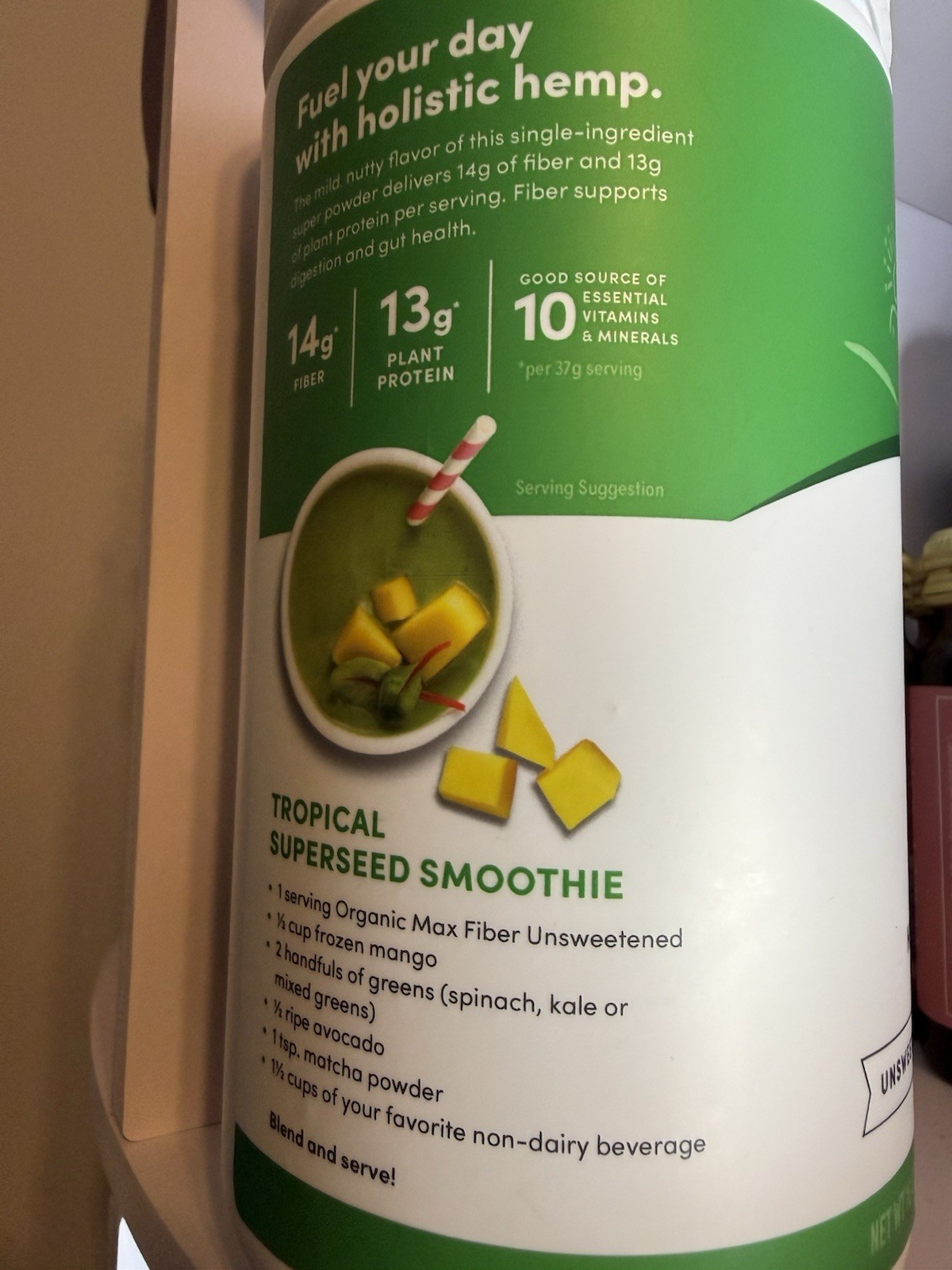Manitoba Harvest Organic Max Fiber Hemp Protein Powder Unsweetened Vegan 454g