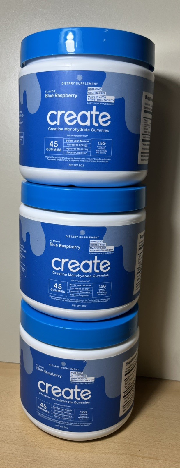 Create Creatine Monohydrate Gummies ￼ Three Containers 45 Gummies Each Blue Rasp