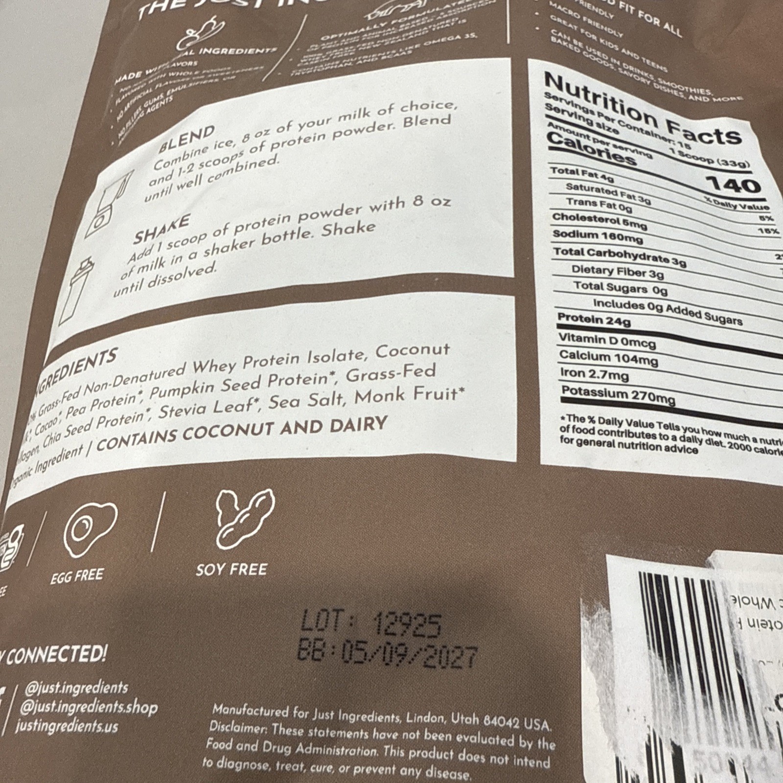 just ingredients protein powder casien Free Chocolate 15 Servings 💯 Keto
