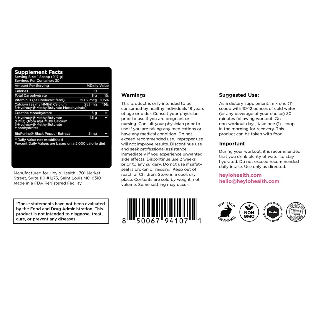 Heylo Creatine Monohydrate Powder 5g HMB Vitamin D Calcium 30 Ct Tropical Punch