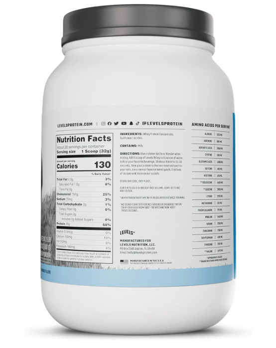 Levels Grass-Fed Whey Protein Powder, Unflavored, 2 lb, 25g Protein