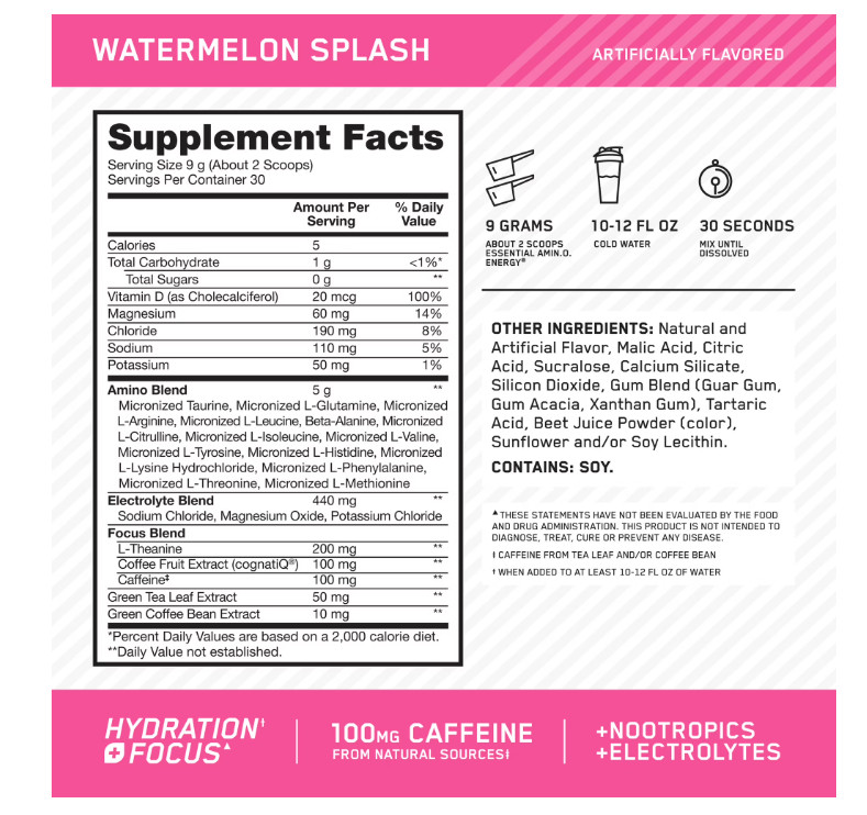 Optimum Nutrition Essential Amino Energy Hydration Plus Focus Powder, Watermelon