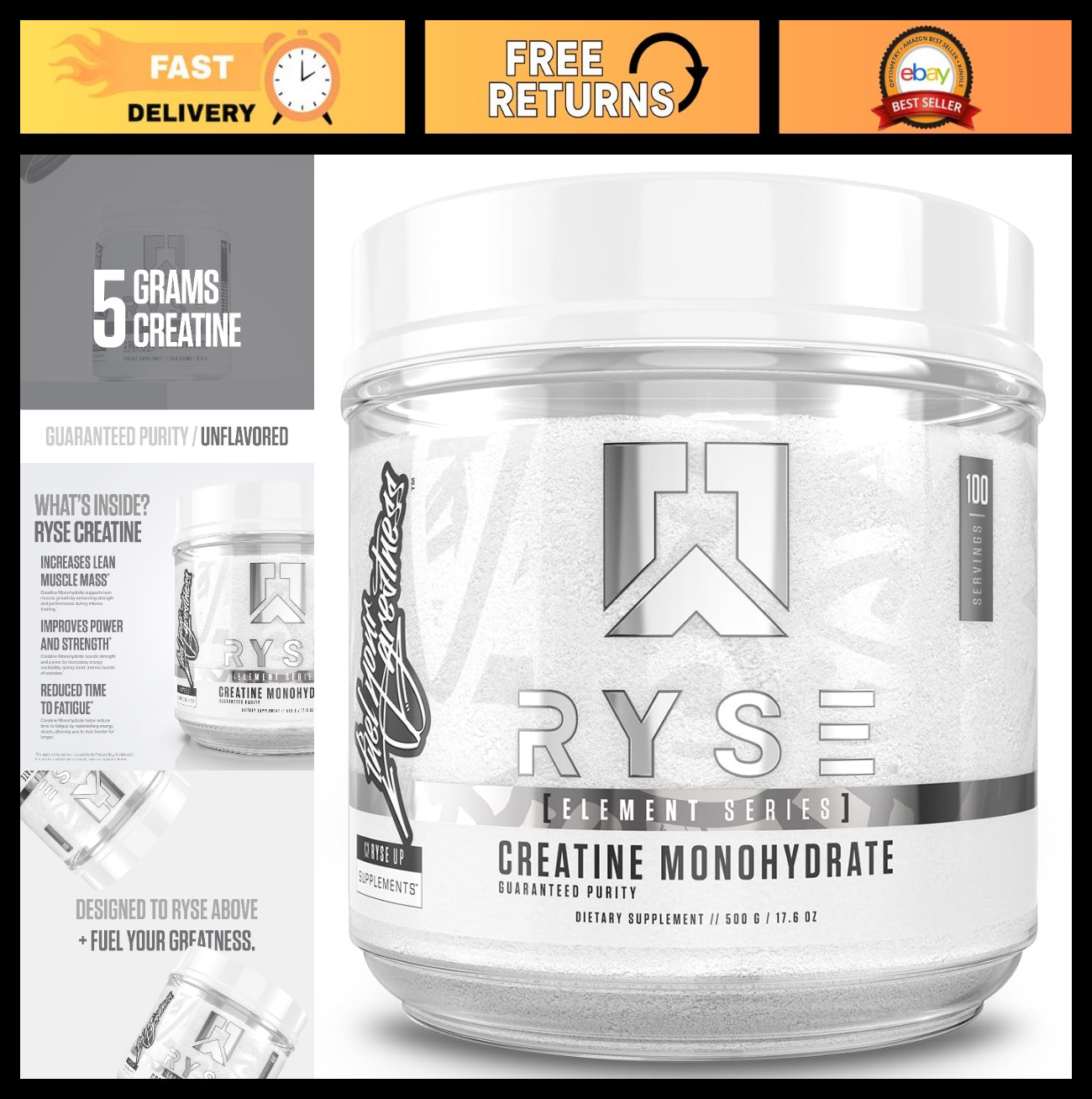 Unflavored Creatine Monohydrate Powder – 100 Servings for Muscle Growth, Strengt