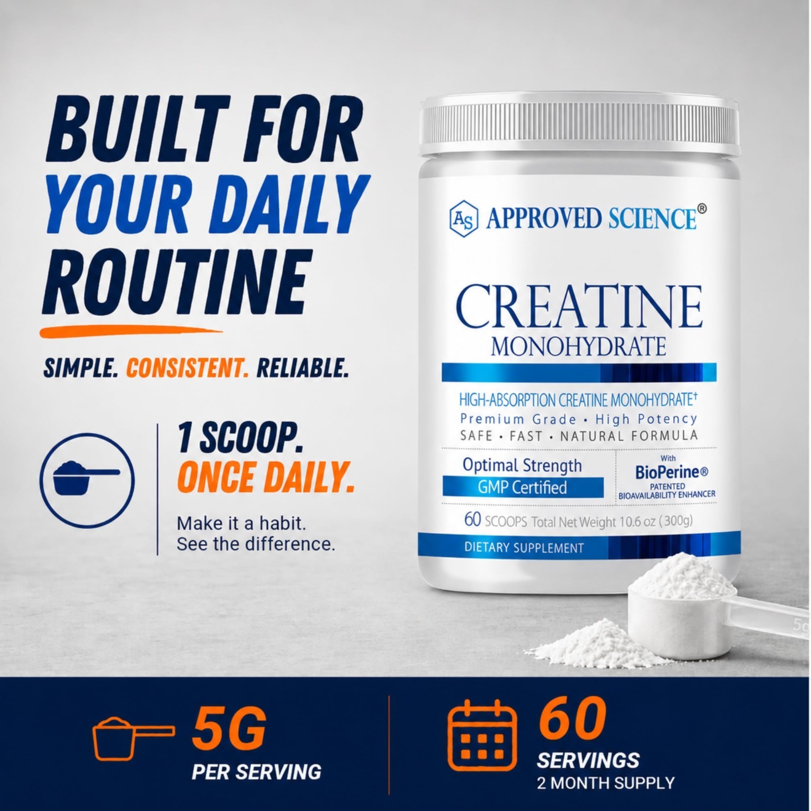 Creatine Monohydrate Powder with BioPerine – Supports Strength & Muscle Recovery
