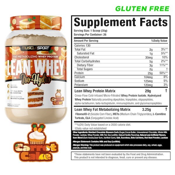 MuscleSport Lean Whey Iso-Hydro Protein Powder Carrot Cake Gluten-Free 2 lbs