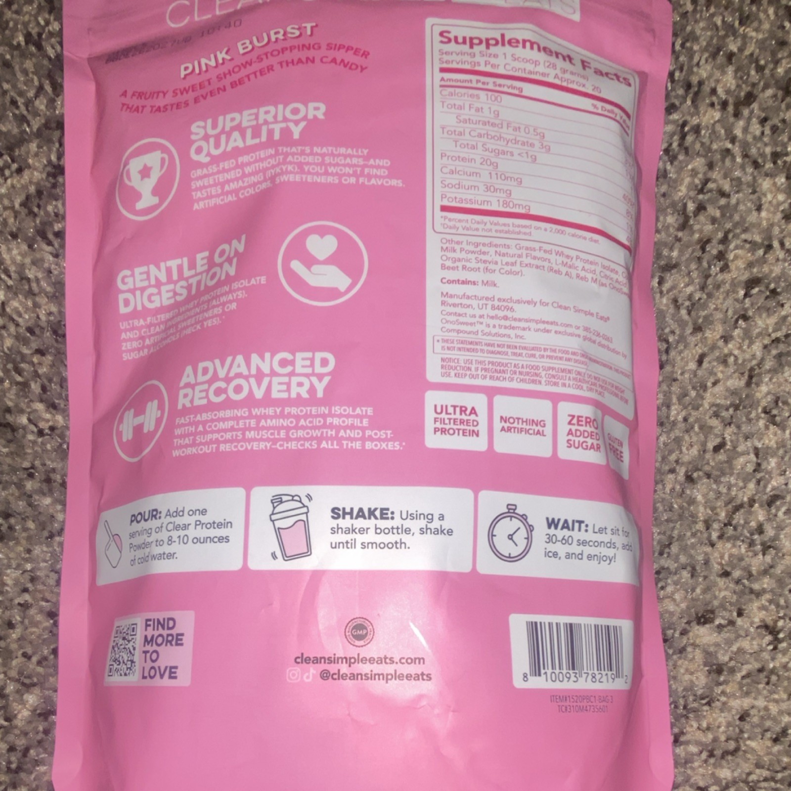 Clean Simple Eats Clear Whey Protein Isolate Pink Burst Grass Fed 20oz