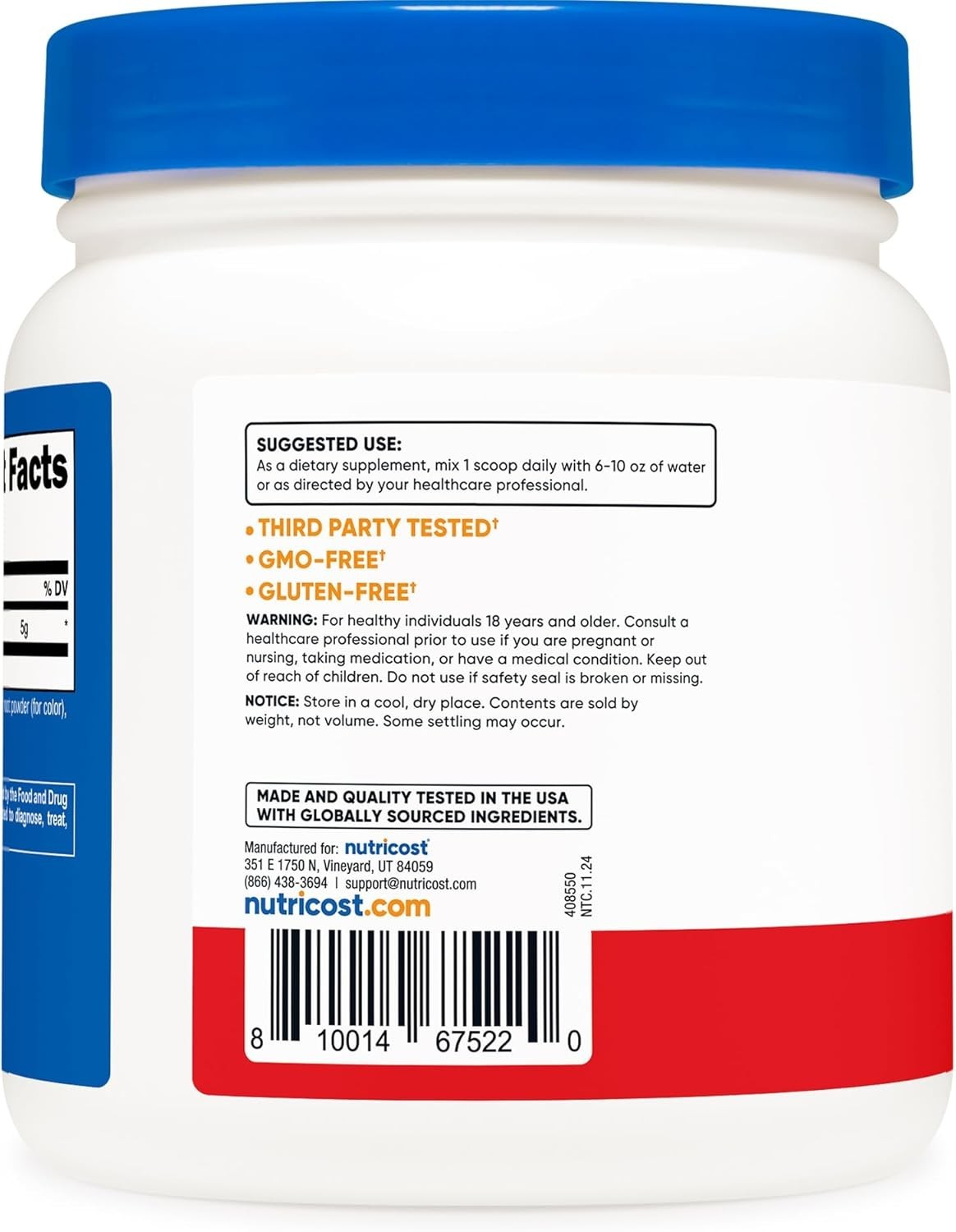Gluten-Free L-Glutamine Powder 500g – 76 Servings in Fruity Punch Flavor