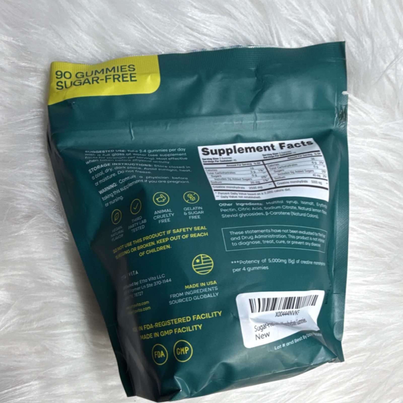 Etta Vita Creatine Monohydrate Gummies 90 Natural Lemon Sugar-Free Vegan Non-GMO