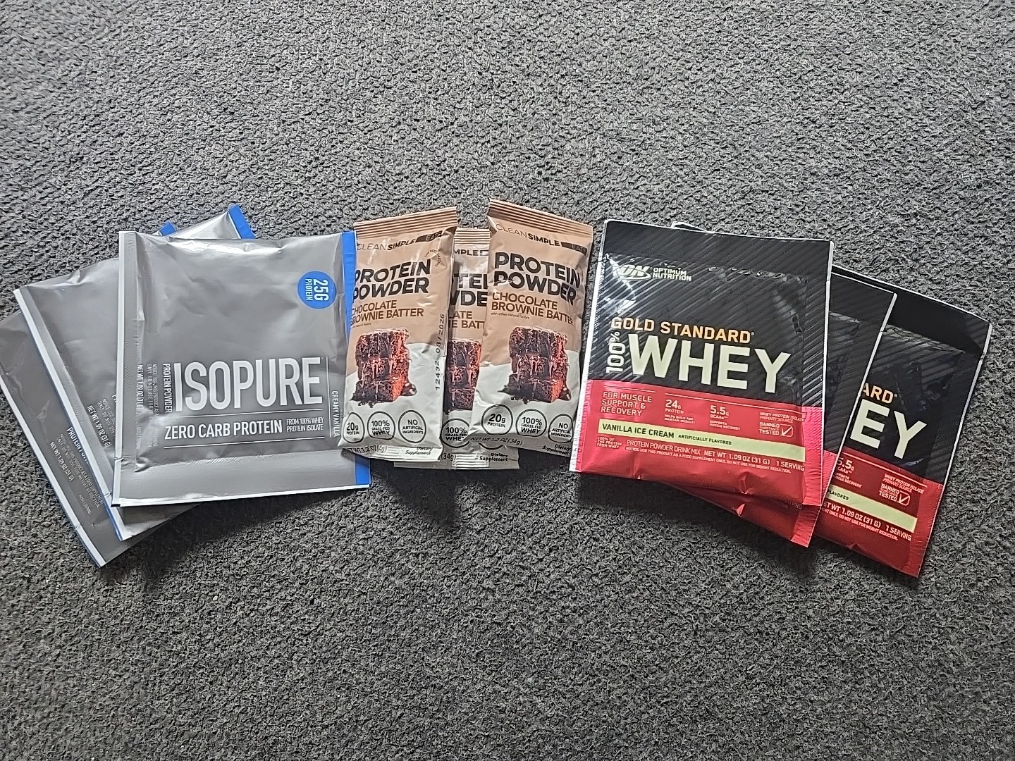 protein powder 3x Whey, 3x Isopure, 3x Clean Simple Eats