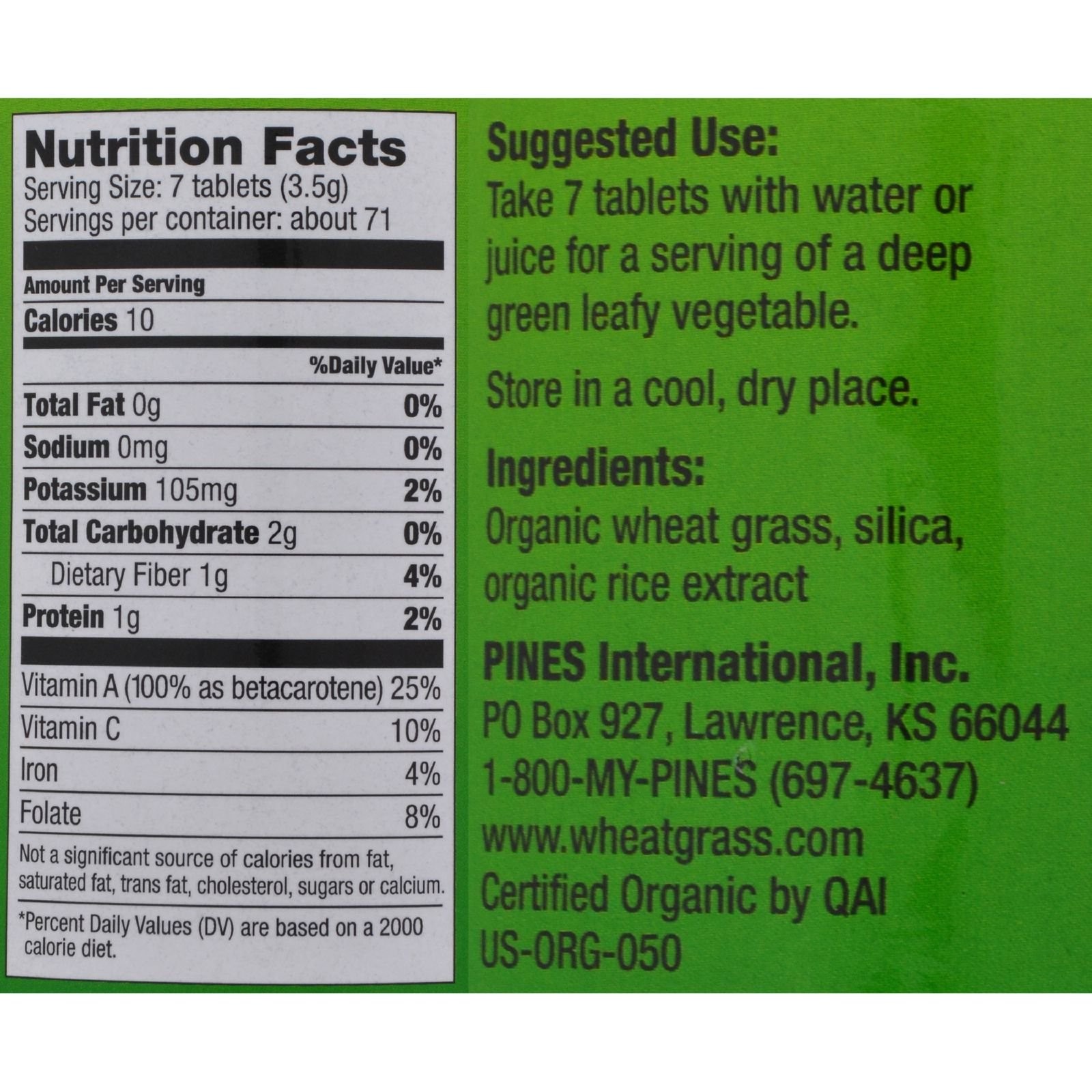 Pines Organic Wheat Grass Tablets, 500 Count, Vegan, Non-GMO, Certified Organic