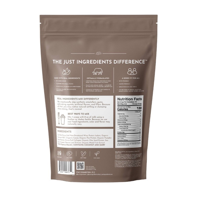 Just Ingredients Chocolate Protein Mix – 1.08lb – 15 servings: Non-Caffeinated