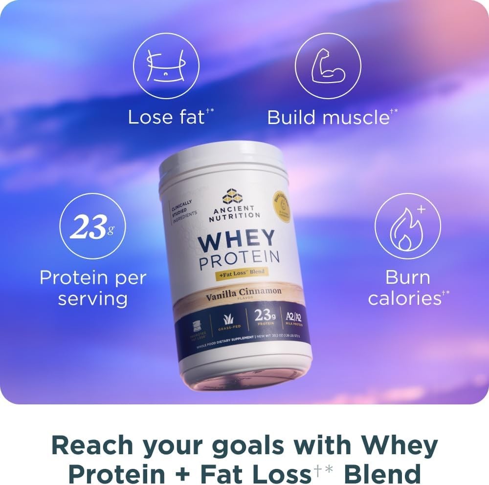 Ancient Nutrition Grass Fed Whey Protein Powder Vanilla Cinnamon 23g Fat Loss
