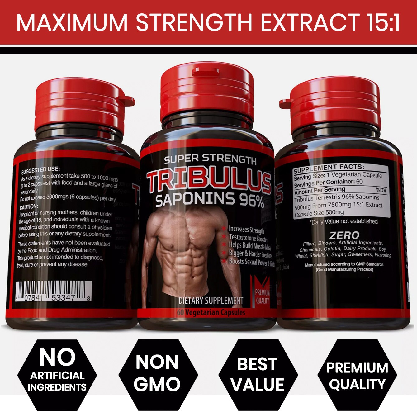 60 TRIBULUS TERRESTRIS STRONGEST EXTRACT PILLS BODY BUILD BIGGER MUSCLES 7500mg