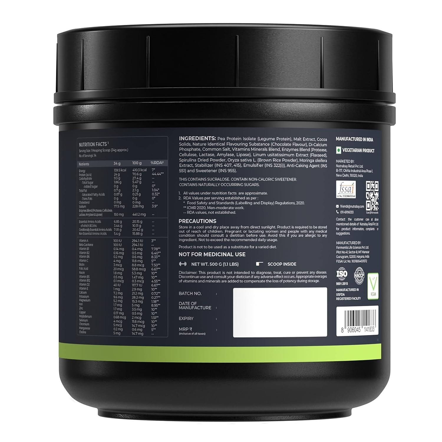 Plant Protein Powder + Superfoods 24g Protein -500g Rich Chocolate, 14 Servings
