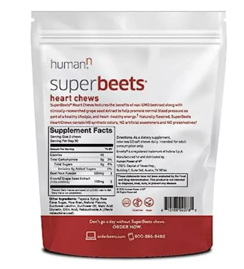 (2 Bag) HumanN SuperBeets Grape Seed Soft Chews -Total 120 Count. New Packaging