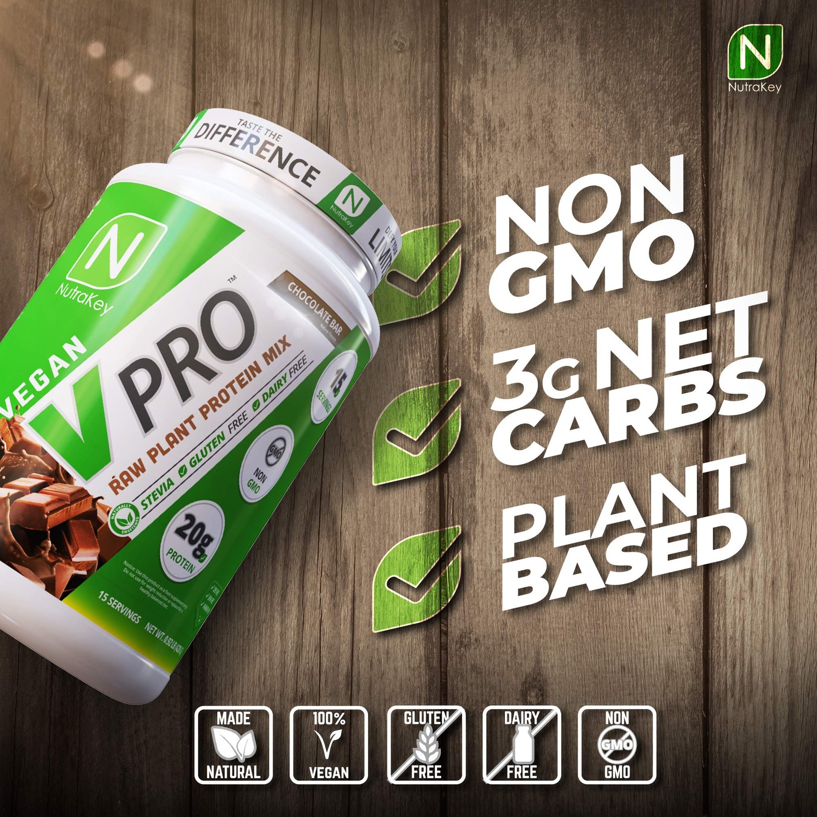 NutraKey V-Pro Raw Plant Protein Powder – Organic Vegan Low Carb Gluten Free