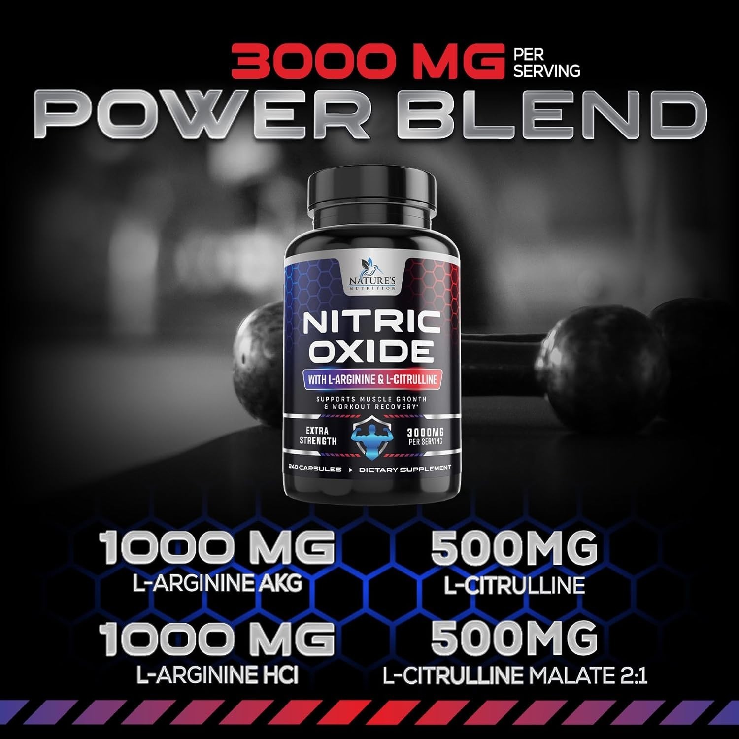 Nitric Oxide Booster Extra Strength 3000mg – L Arginine 3X Strength 240 pills