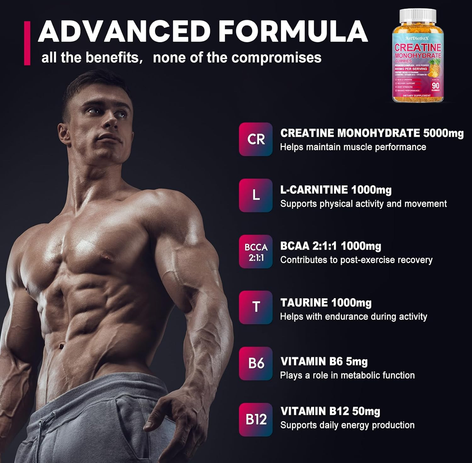 Creatine Monohydrate 8000Mg Gummies with BCAA, L-Carnitine, Taurine & Vitamin…