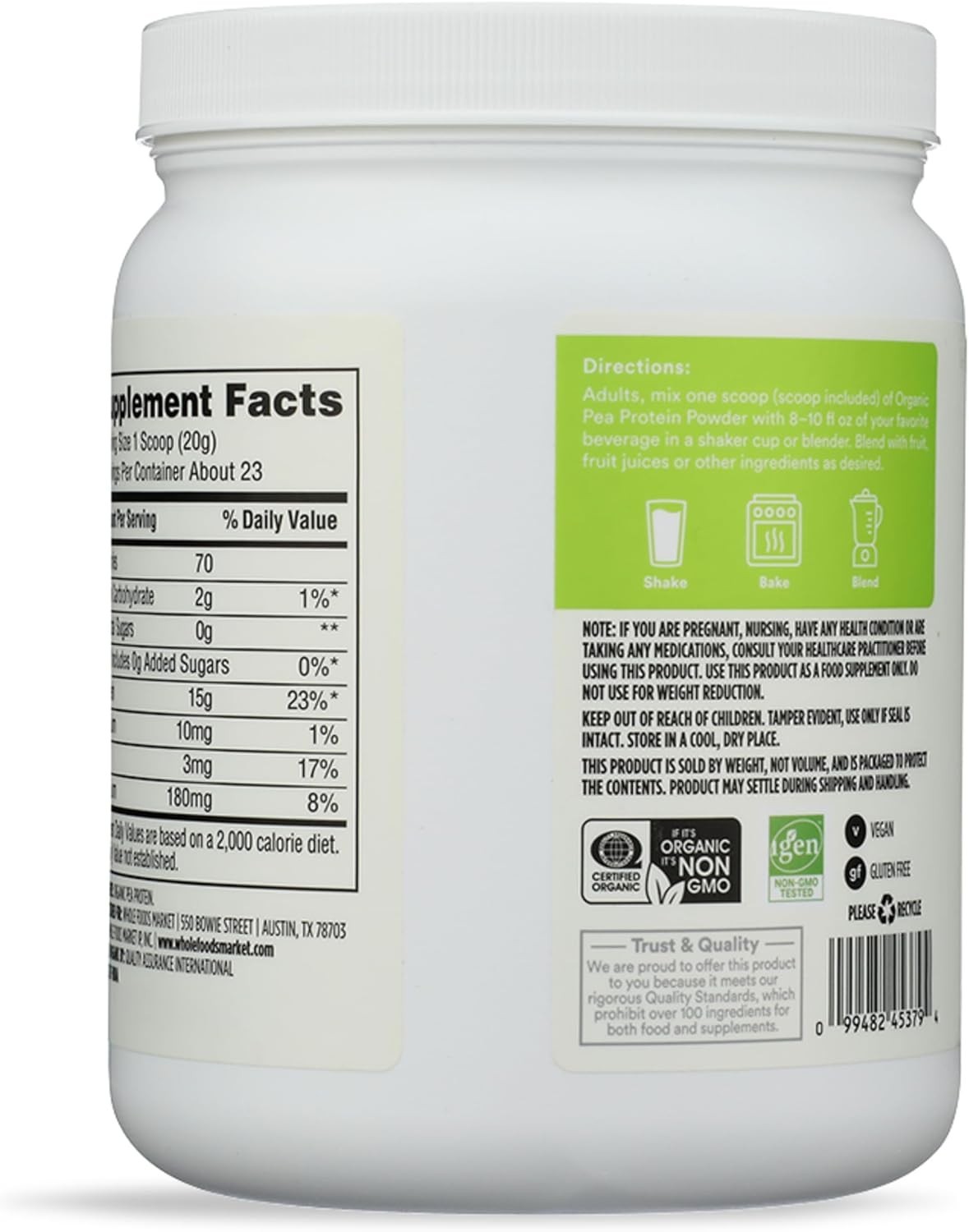 Nutritious Organic Pea Protein – 16 Oz Jar, 15g Plant-Based Protein, Gluten Free