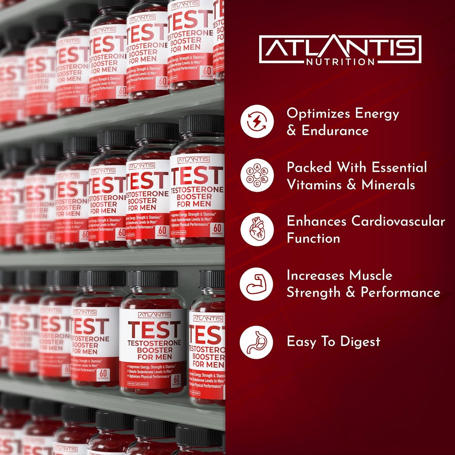 Atlantis Nutrition Testosterone Booster For Men Gummies 60 Count (Pack of 1)