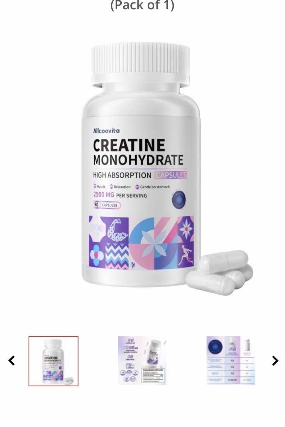 Allcoovita Creatine Monohydrate Capsules 2500mg, 90 Ct (30 Serv) Vegan