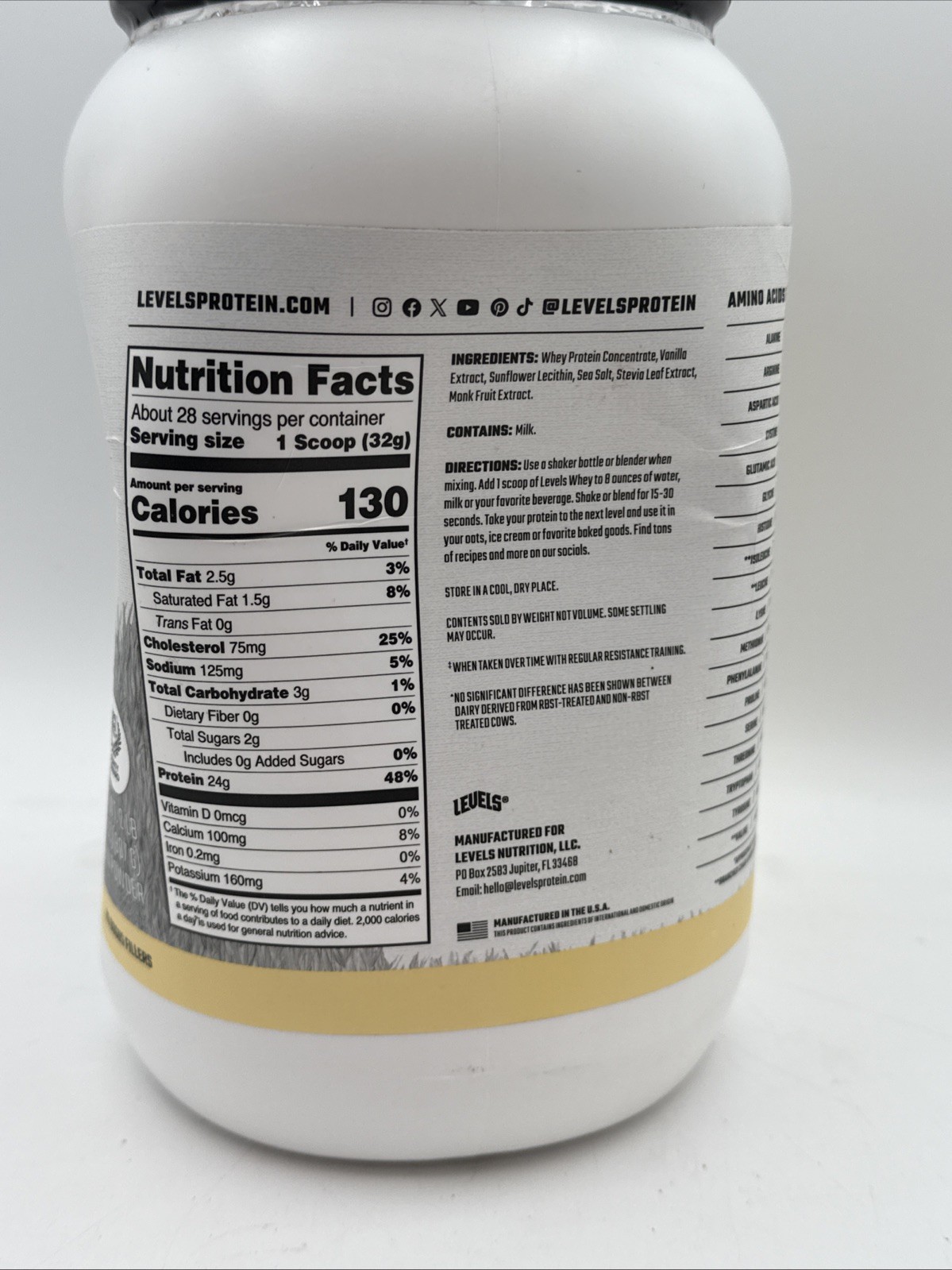 Levels Grass Fed Whey Protein Powder, No Artificials, 24G of Protein, Vanilla Be