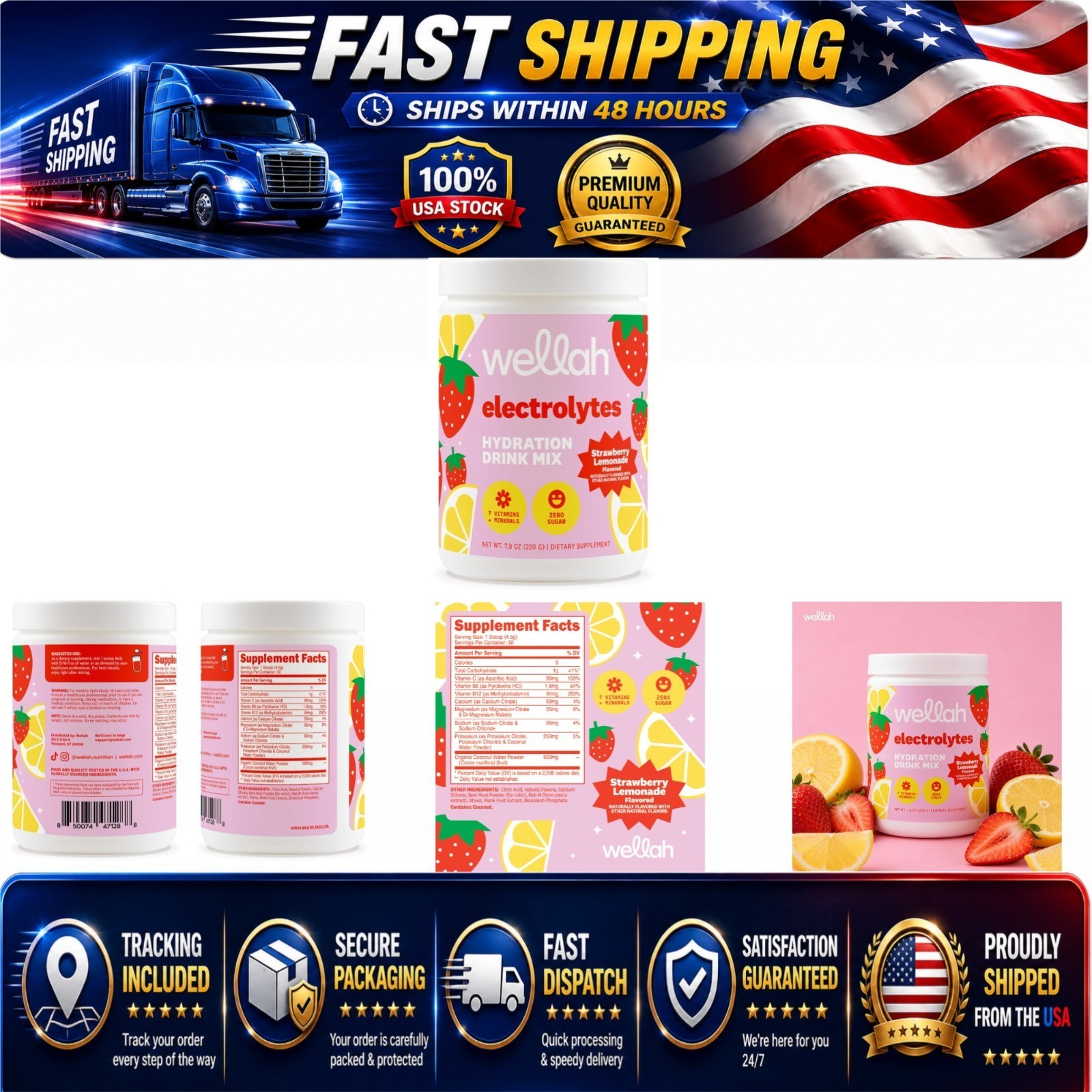 Wellah Electrolytes Powder Strawberry Lemonade 50 Servings Hydration Mix