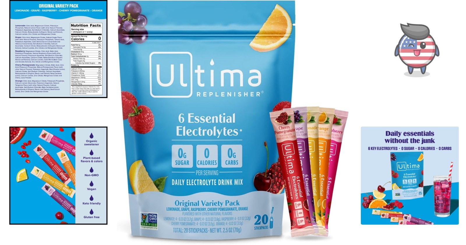 Electrolyte Boost: 20 Stickpacks of Sugar-Free, Plant-Based Hydration Powder