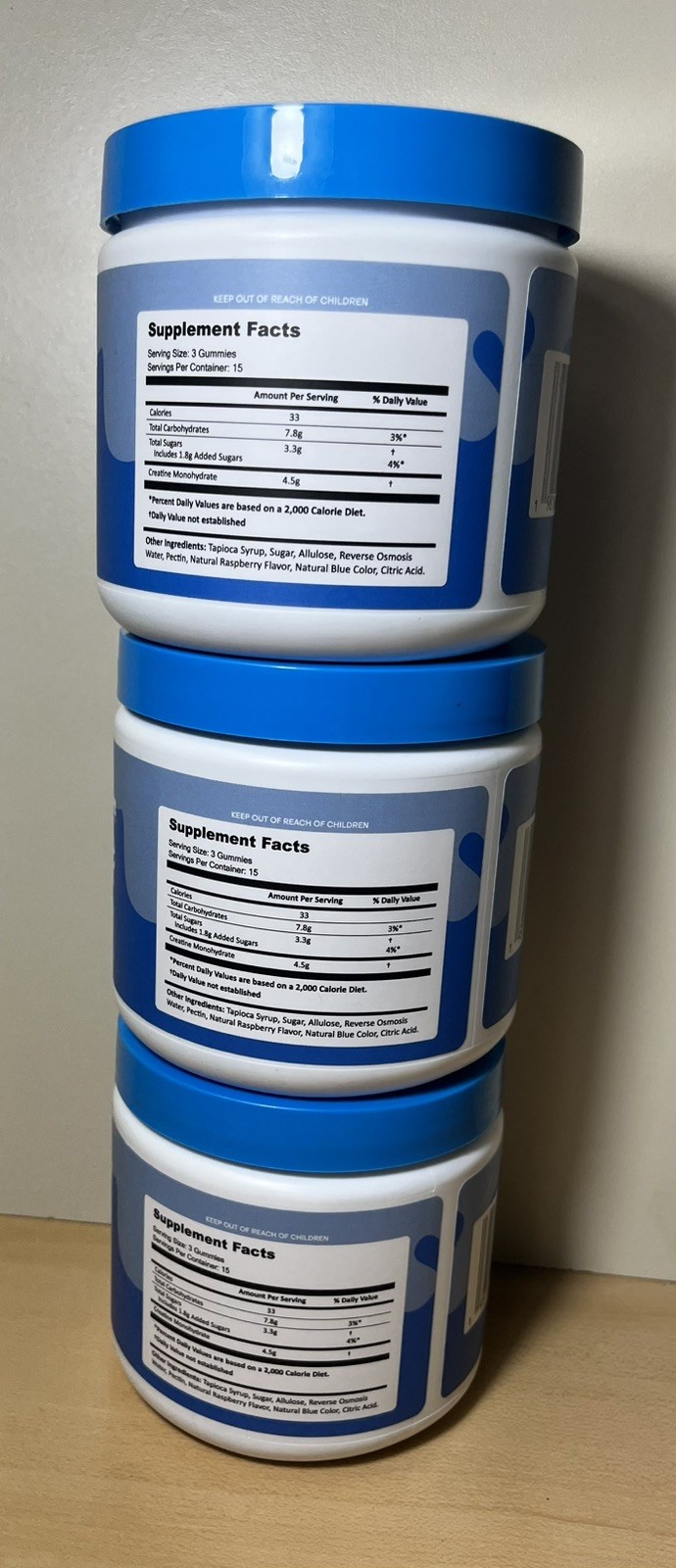 Create Creatine Monohydrate Gummies ￼ Three Containers 45 Gummies Each Blue Rasp