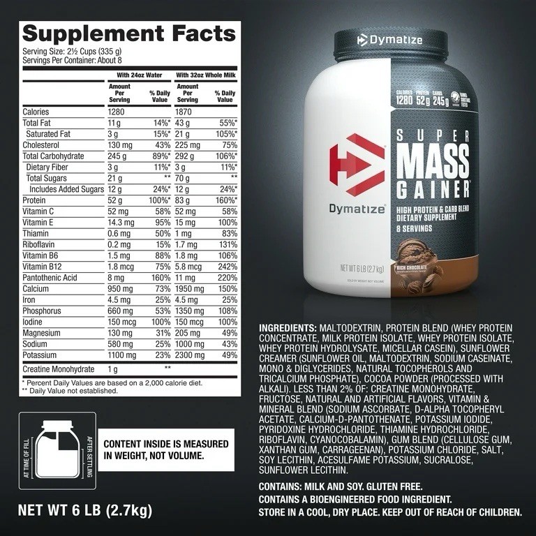 Dymatize Super Mass Gainer Powder, Gluten-Free, Rich Chocolate 6 lb