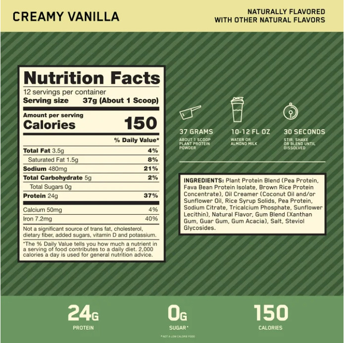 Optimum Nutrition Gold Standard 100% Plant Protein Powder, Creamy Vanilla, 1 lb