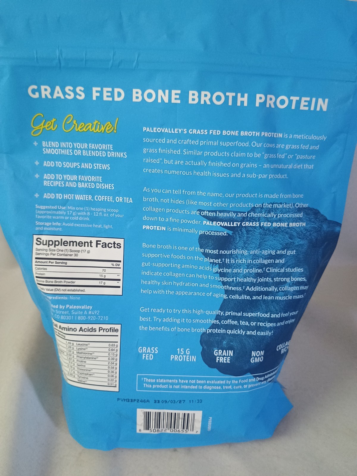 Paleo Valley 100% Grass Fed Bone Broth Protein Pure Unflavored 1.12 Lbs. BB 9/27