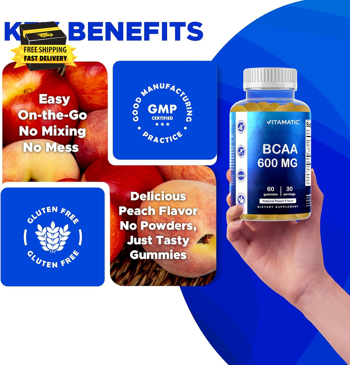 BCAA Gummies – Branch Chain Amino Acid Supplements – Peach Flavor – 600Mg per Se