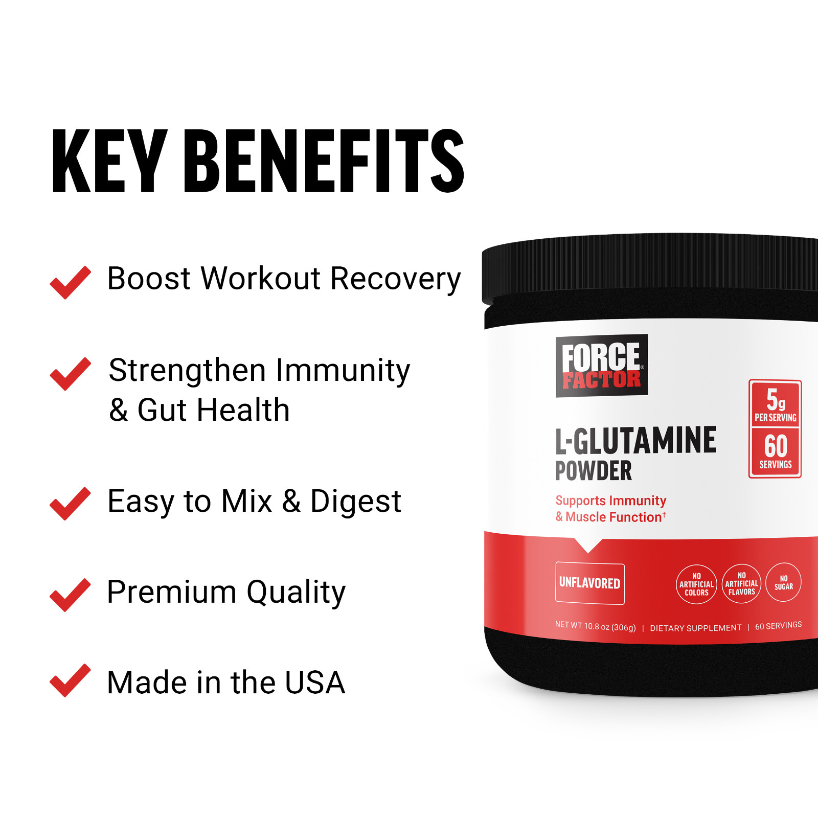 FORCE FACTOR L-Glutamine Powder 5000mg for Post Workout & Muscle Recovery