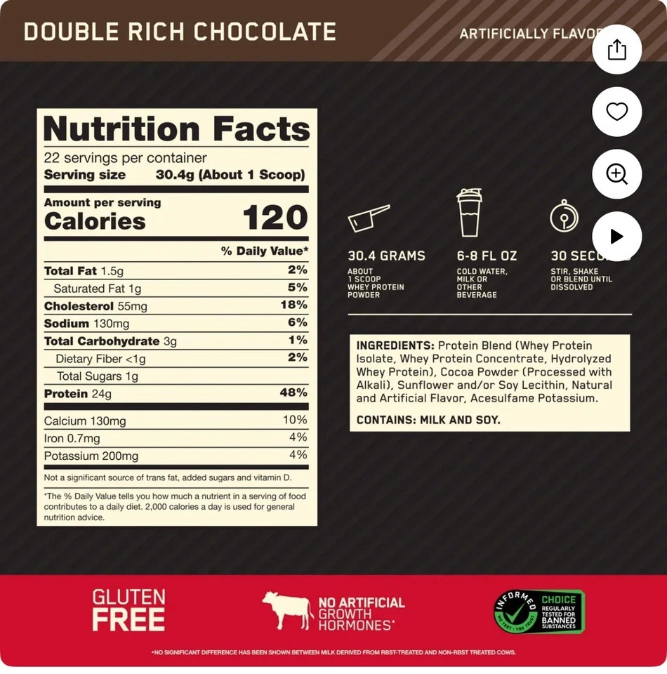 Optimum Nutrition, Gold Standard 100% Whey Protein Powder, Double Rich Chocolate