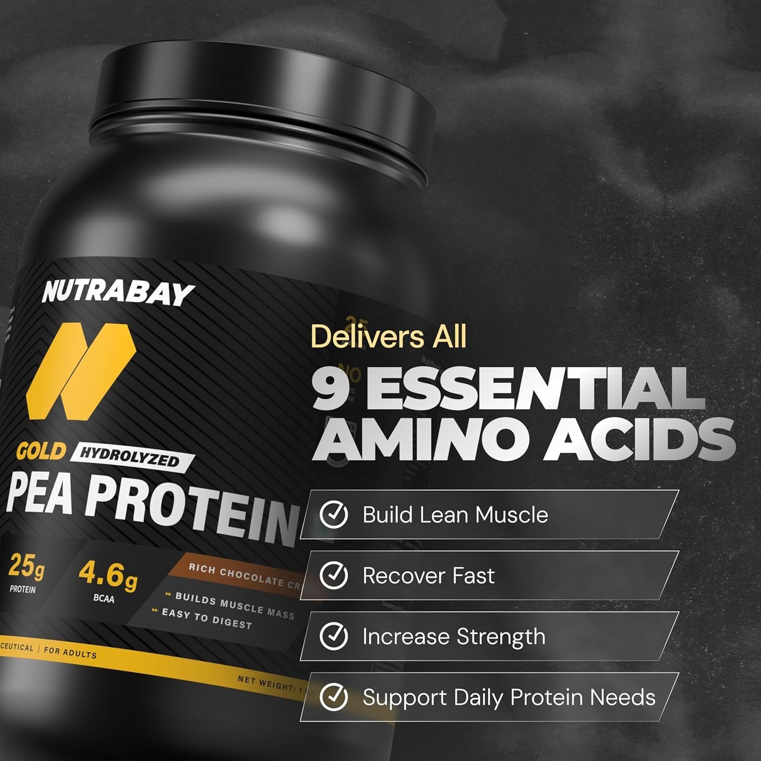 Pea Protein Powder 25g Protein, 4.6g BCAA, 5g Fiber| Rich Chocolate, 25 Servings