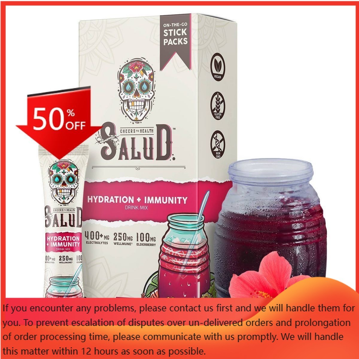Salud Hydration + Immunity Hibiscus Electrolyte Drink – 6pk/0.21oz Packet Sticks