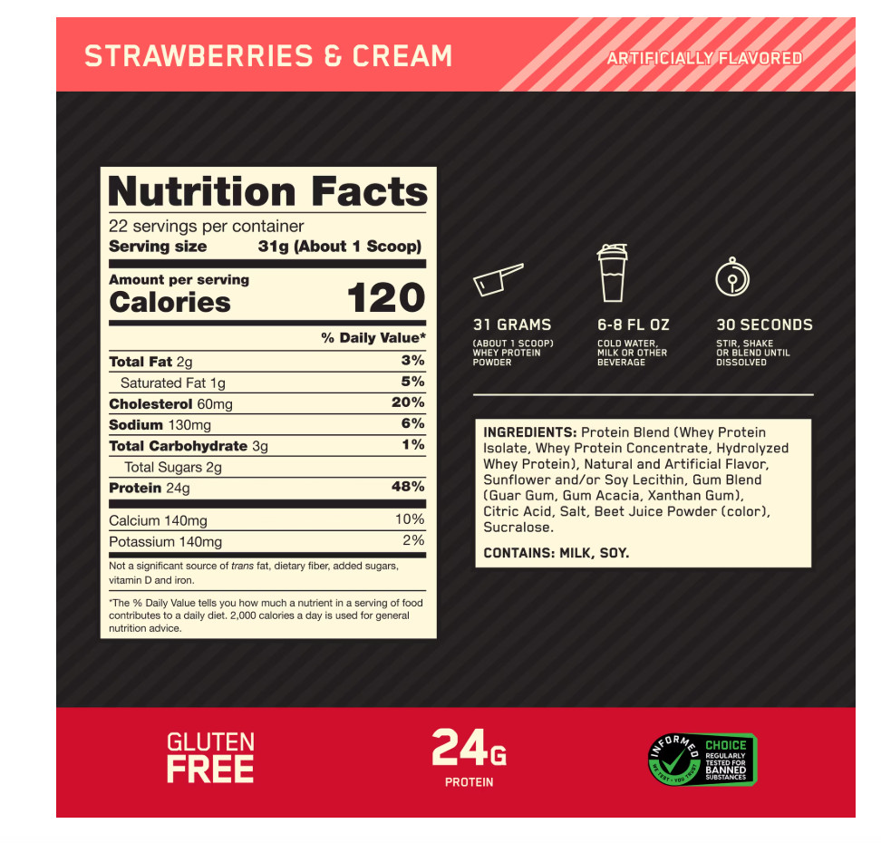ON Gold Standard 100% Whey Protein Powder, Strawberries & Cream, 22 Servings NEW