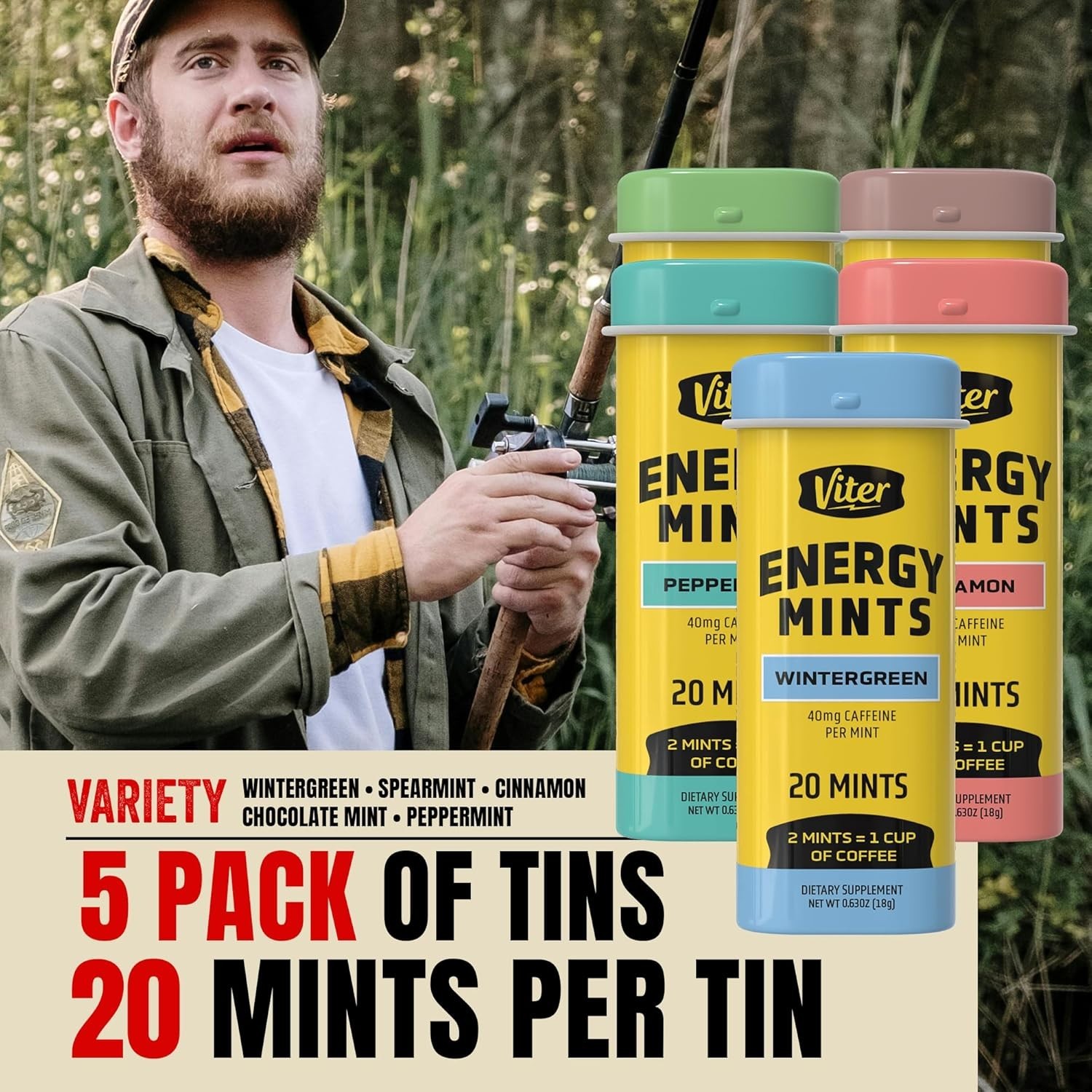 Viter Energy Mints 40mg Caffeine & B Vitamins -Sugar Free Variety Pack -5 Flavor